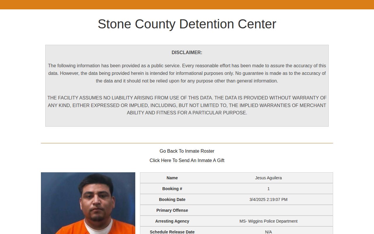 Stone County official roster interface for booking records